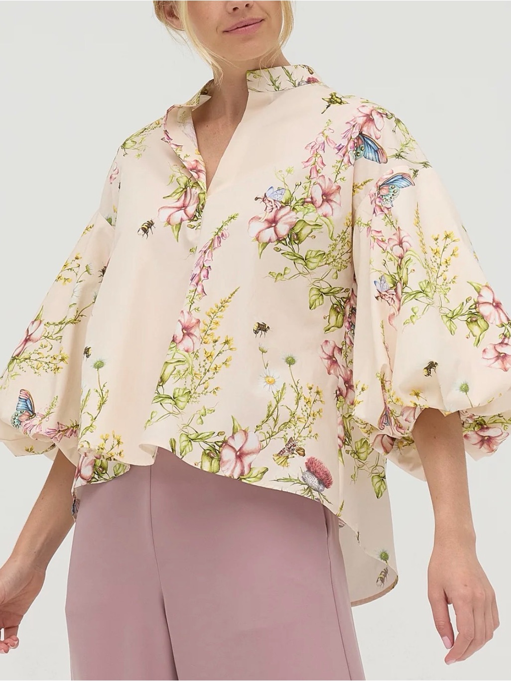 Floral Puff-Sleeve Blouse In Blush Pink